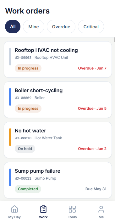 Technician app work-order list with My Day, Work, Tools, and Me tabs